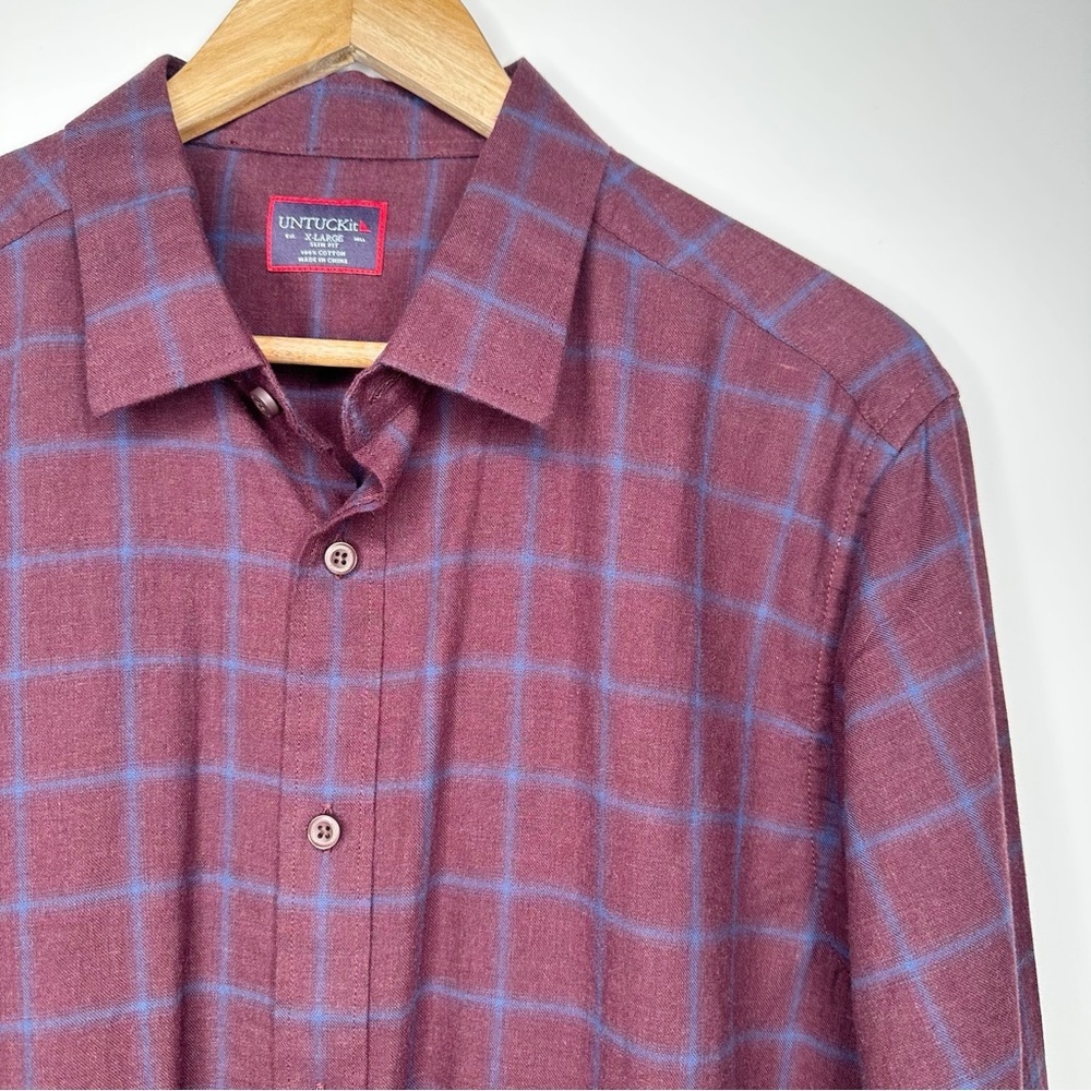UNTUCKit Men's Burgundy Plaid Cotton Flannel Slim Fit Button Down Shirt XL